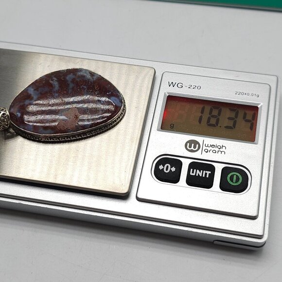 Large Polished Red Blue Moss Agate Stone Pendant With Ornate Silver Bail - Picture 7 of 7